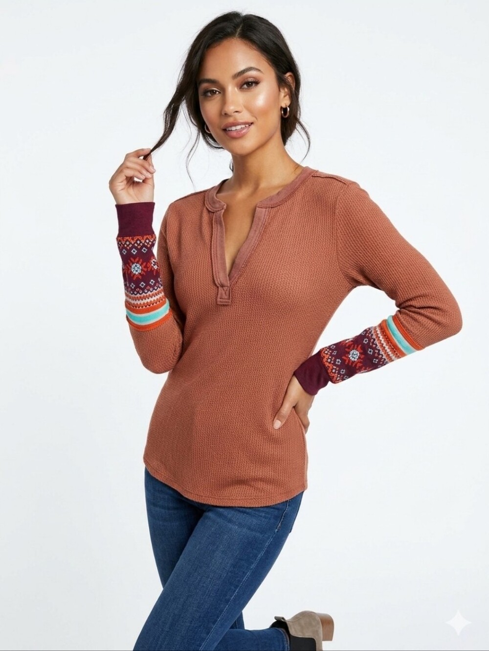 We The Free Mikah Waffle Knit Henley Top with Patterned Cuffs - Rust